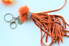 Fur Pom Pom Key Chain, Purse Charm, Key Fob, Fur Pom Pom, Suede Leather Tassel