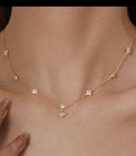 Sterling Silver S925 18K Gold Plated Lucky 4 Leaf Clover Round Zircon Necklace