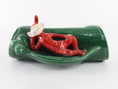 Vintage Red Suit Pixie Elf Reclining On Green Log Planter Ceramic 7 In