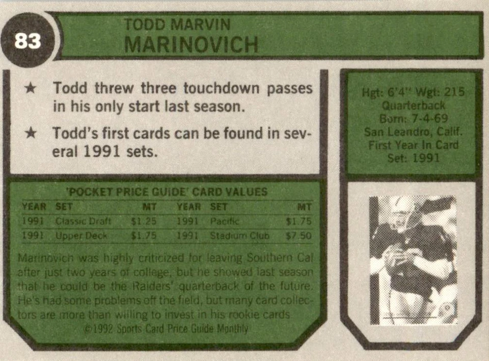 1992 SCD #83 Todd Marinovich Los Angeles Raiders - Image 2 of 2