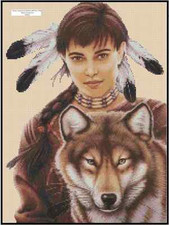 Native American Girl with Wolf Counted Cross Stitch Chart  #3-276c 