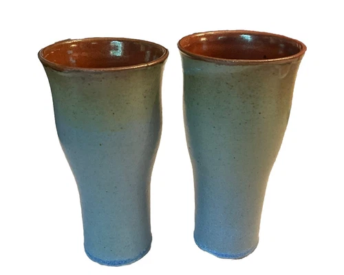 Pair Of Art Pottery Hand Thrown 5.5" Drinking Glasses,Signed, Brown, Blue Green
