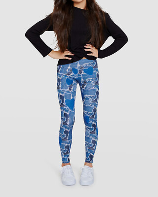 $58 Terez Girl's Blue Stretch Denim Heart Patchwork Print Leggings Size 6