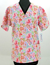 Womens Scrub Top NEW XS V Neck Side Slits Pink Hearts Best Medical Runs Large