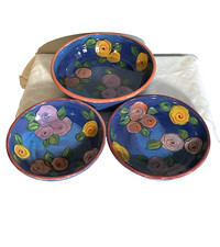 Hand Painted Signed Pottery Bowls Set Of 3 Blue Floral