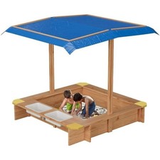 Wooden Sandbox w/ Cover Lid Retractable Canopy Outdoor Sand Box Pit Toy