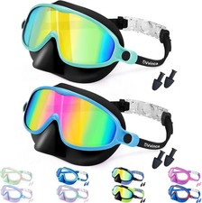 Swim Goggles W/ Nose Cover 2 Pack Wide View Diving Mask Anti-Fog UV No Leak