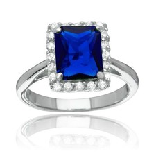 Rhodium Plated 925 Sterling Silver Square Blue CZ Halo Ring Band Sizes 5-9