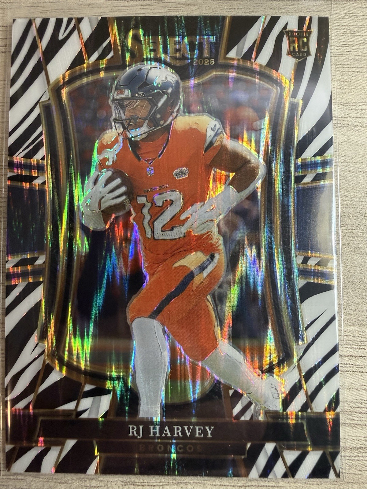 Panini 2025 Select Football RJ Harvey Broncos Rookie Premier Zebra Prizm #110