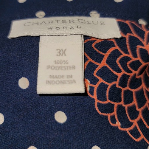 Charter Club Top 3X Navy Floral Polka Dot Button Up Pintuck Bodice Tunic Blouse - Picture 7 of 8
