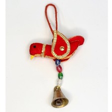 Handmade Red Fabric Bird Ornament Gold Trim Glass Beads Brass Bell Folk Art