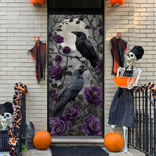 Black Crow Halloween Door Curtain Banner, Dark Academia Purple Floral Moon Door