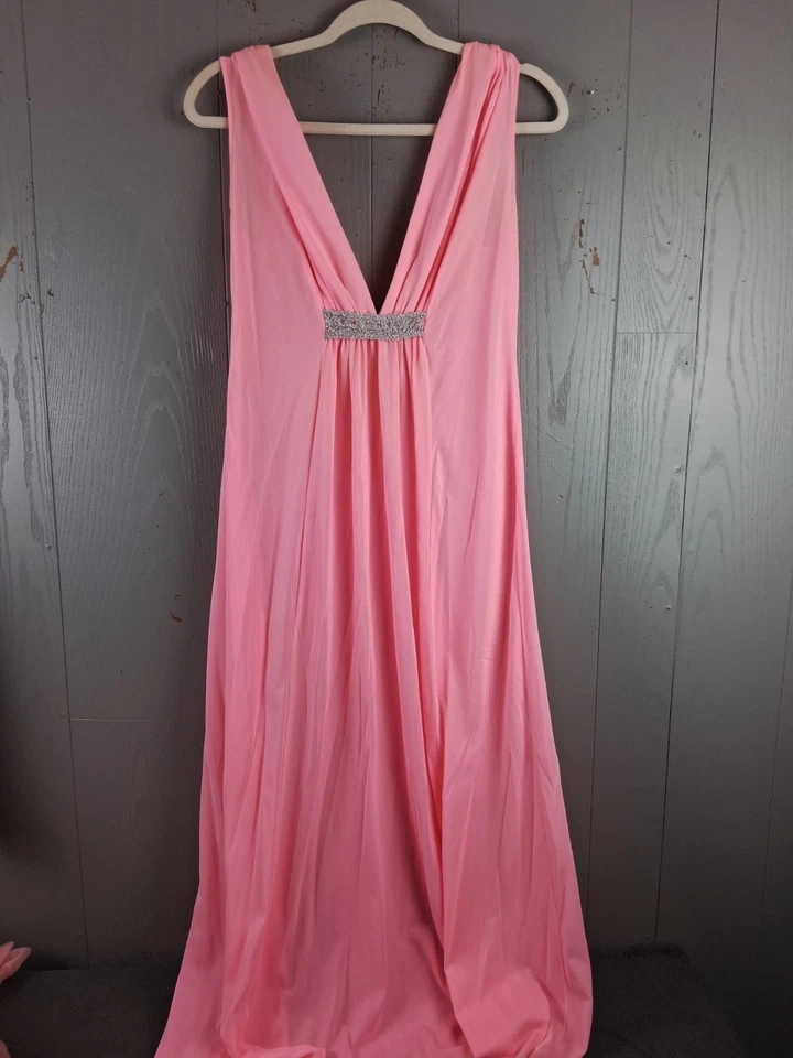 复古 60 年代/70 年代粉色雪纺 Peignoir 礼服和长袍小号 32 闪耀 Negligee 套装 — 第 3/4 张图片