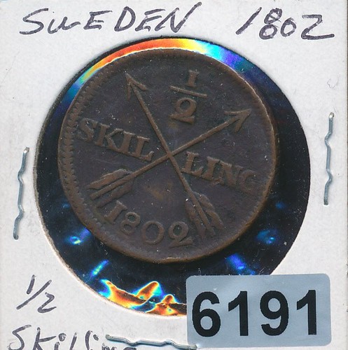 SWEDEN - 1 /2 SKILLING - 1802 - VF FOR ISSUE - #6191