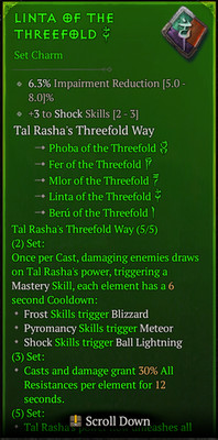  DIABLO 4 SEASON 13   Set Charms   Tal Rasha's Threefold Way   +3 Shock