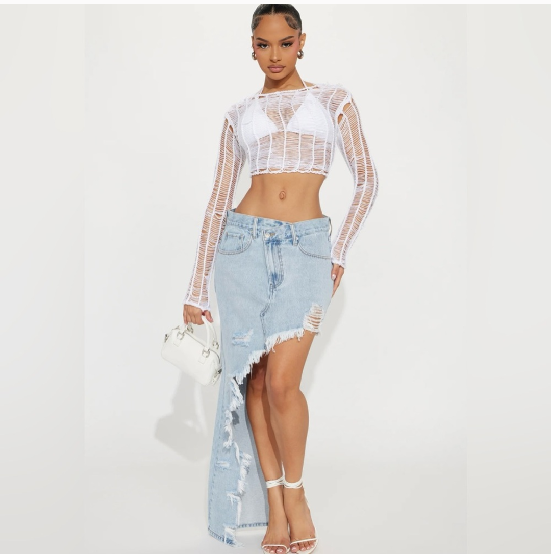 Fashion Nova Light Blue Distressed Denim Maxi Skirt with Raw Hem
