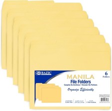 BAZIC Manila File Folder 1/3 Cut Letter Size, Left Right Center Tabs 6 Count