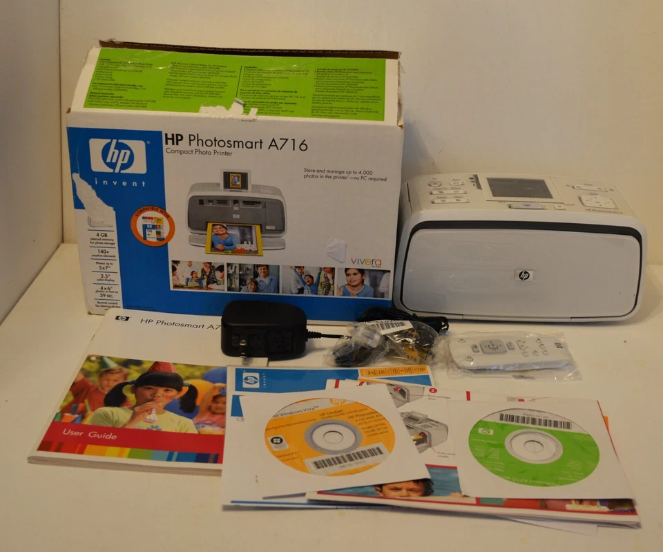 HP Photosmart A716 Compact Imprimante Photo Complet Ouvert Boite N° Encre Testé - Photo 1/1