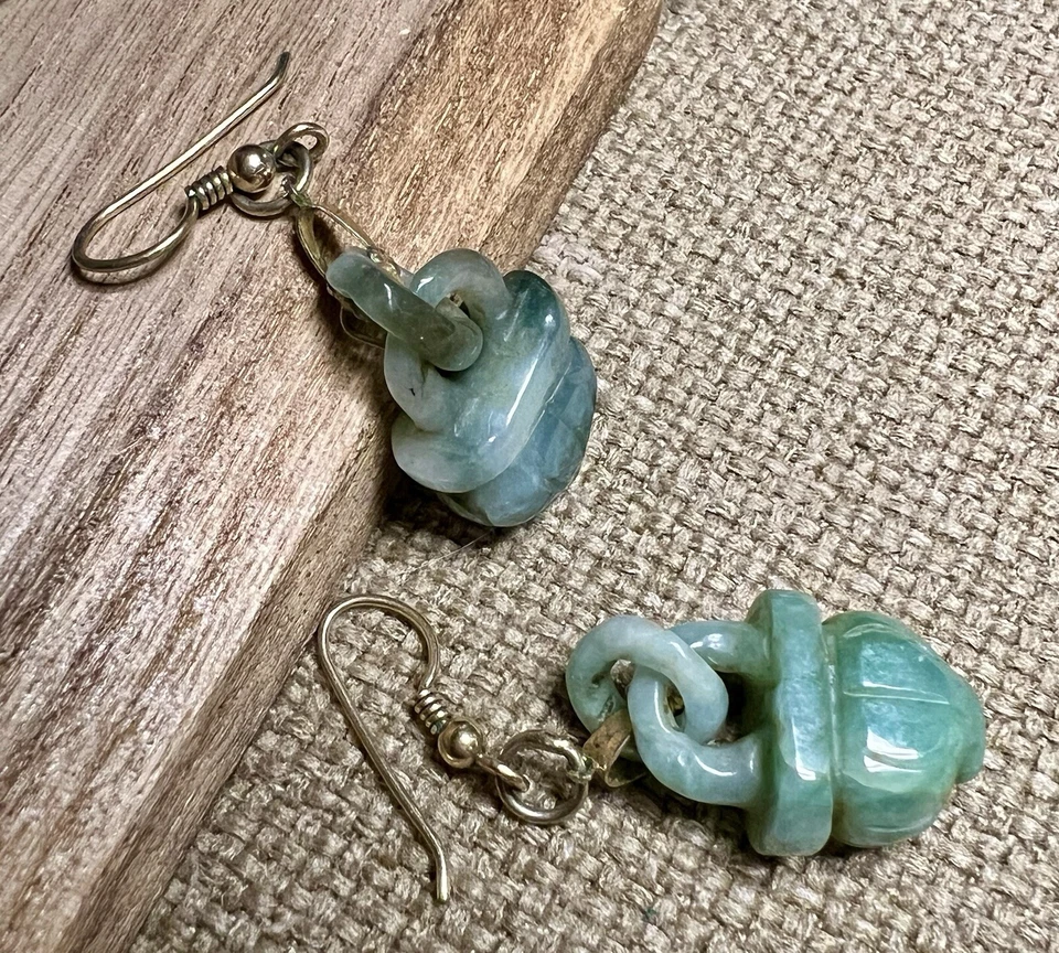 Green Jade Earring With Gold Hooks. Basket Shape. Hand Carved Detailed Piece - Image 2 of 4