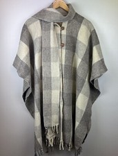 Wool Cape Poncho With Attached Scarf Plaid 100% Wool Buttons