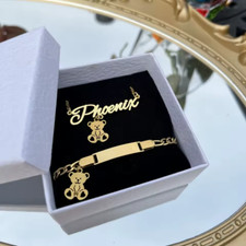 Custom Name Jewelry Set Necklace Bracelet Bear Gold Silver Stainless Steel Gift