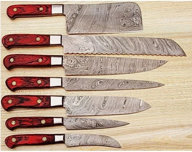 Custom Handmade Damascus Steel 7 pcs Chef Knife Kitchen set with leather Rollbag