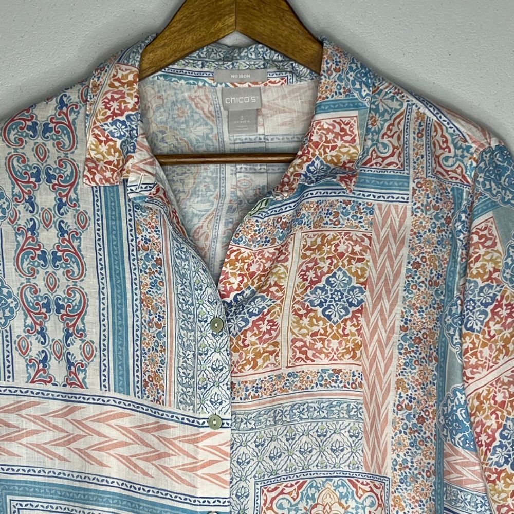 Chico's 100% Linen Patchwork Blouse Button Up Boh… - image 5