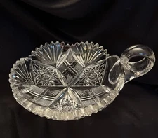 Brilliant Cut Glass Sawtooth Edge 6”Round Candy Nut Dish w Thick Handle, Pre-0wn