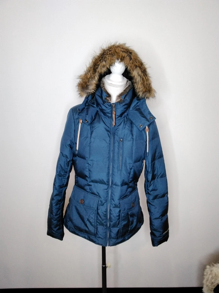 Eddie Bauer Yukon Classic Down Jacket Puffer Fur Hood Navy Blue Womens M  #Z4237