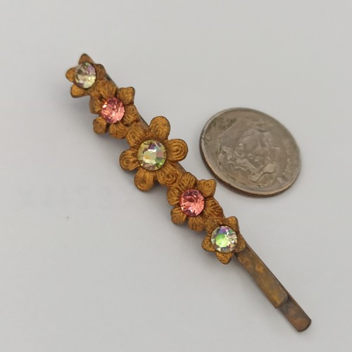 Michal Negrin Hairpin Barrette Romantic Gold Flowers Pink Crystals Hair Pin Gift - Picture 8 of 10