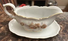 MITTERTEICH BAVARIA GERMANY PORCELAIN NORWAY ROSE GRAVY BOAT WITH ATTACHED PLATE
