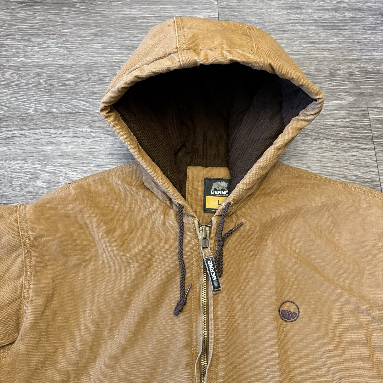 Berne Workwear Canvas Quilt Lining Hooded Jacket Brown Work Heavy Sz Large *READ