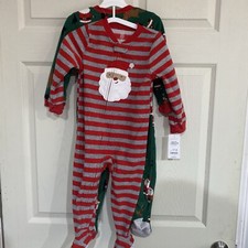 2 -Carter's size 2 Christmas Santa Fleece Sleep Pajamas green red Footed NEW