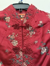 vintage chinese kimono Jacket Red Floral Brocade Hand stitch LARGE Frog Closures