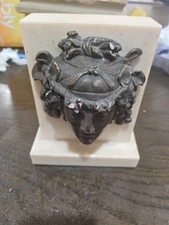 VINTAGE MEDUSA BOOKENDSpelter mask with bronze patina Zinc Alloy On Marbel 