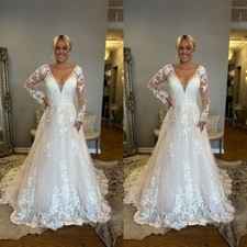 Boho Wedding Dresses V Neck Lace Long Sleeves A Line Sweep Train Bridal Gown