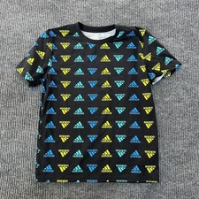 Adidas Youth All Over Print Logo T-Shirt M 10/12 Black Multicolor Cotton Blend
