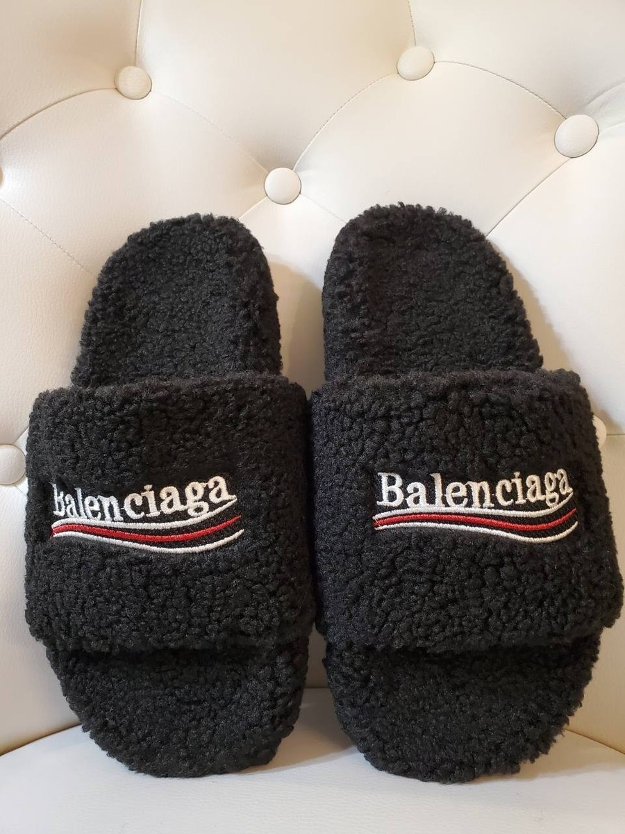 Balenciaga Black Fuzzy Slide Slippers Faux Fur Closed Toe  display picture 2