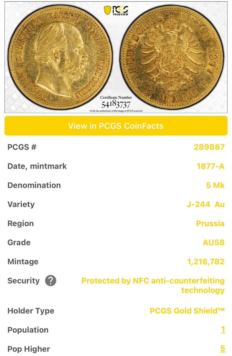 💥1877-A PRUSSIA 5 MARK GOLD COIN PCGS AU58⭐ | eBay
