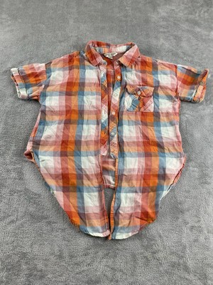 Lucky Brand Women s Cropped Button Up Shirt L. Orange Blue Multicolored Y2K C19