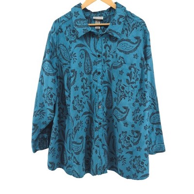 Catherines 4X Teal Paisley Faux Suede Button Up Shirt Jacket Shacket Sz 30/32