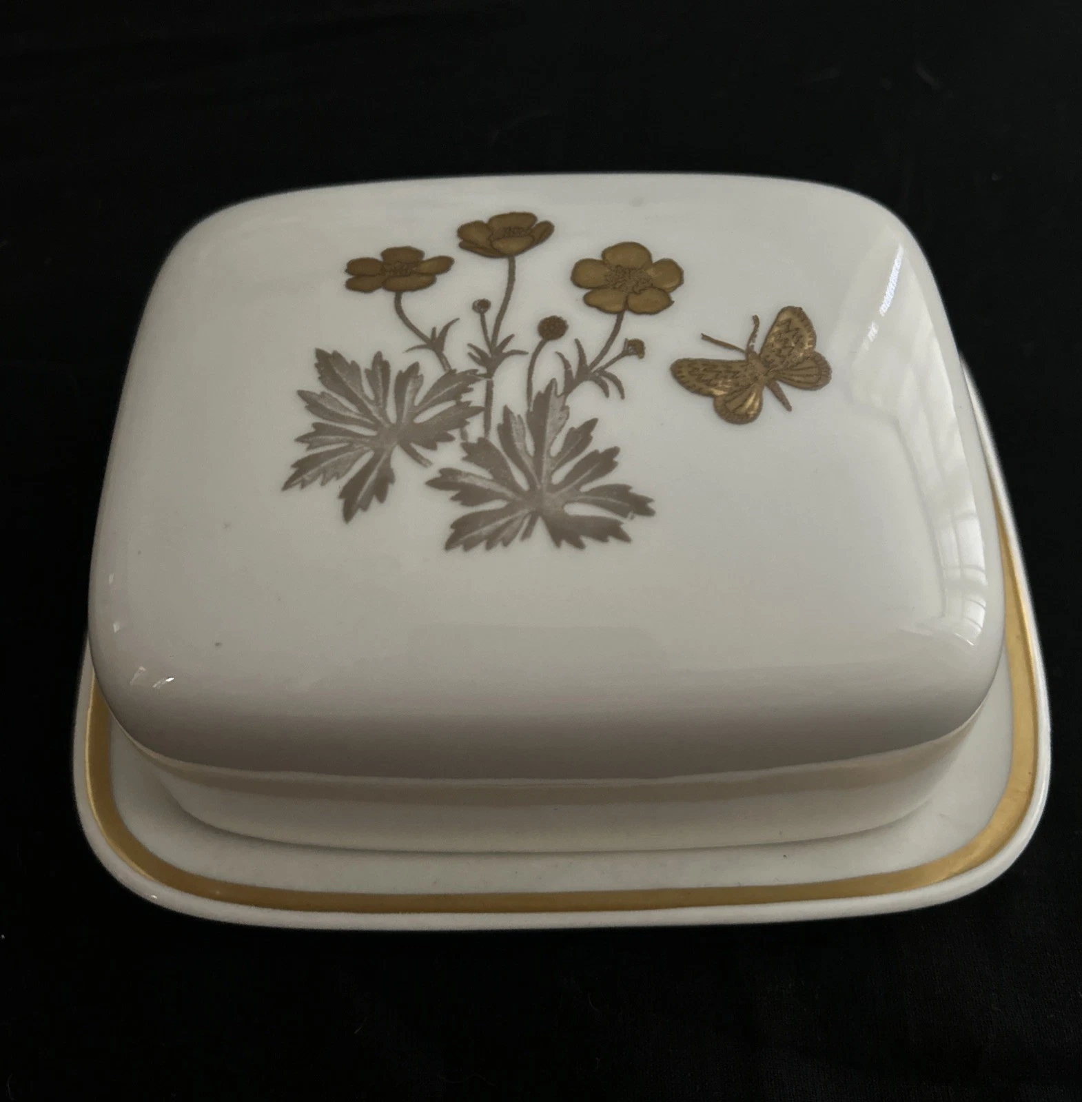 Lovely Royal Copenhagen Butter Dish VGC Gold Floral Butterfly “Danish Buttercup”
