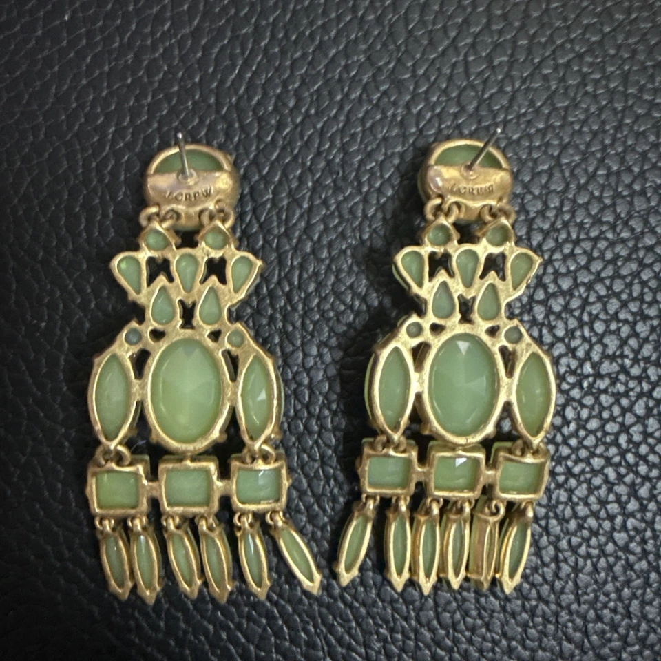 J Crew Green Iridescent Playa Chandelier Statement AB Faceted Gold Earrings - Image 4 of 4
