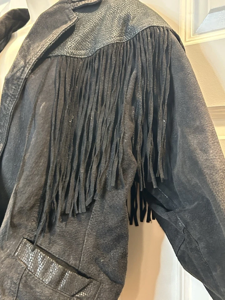 Chaqueta vintage G III para mujer L cuero genuino flecos motocicleta vaquera occidental Foto 3 de 4