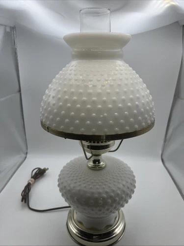 Hobnail White Milk Glass Hurricane Table Lamps Electric Key Turn Vintage