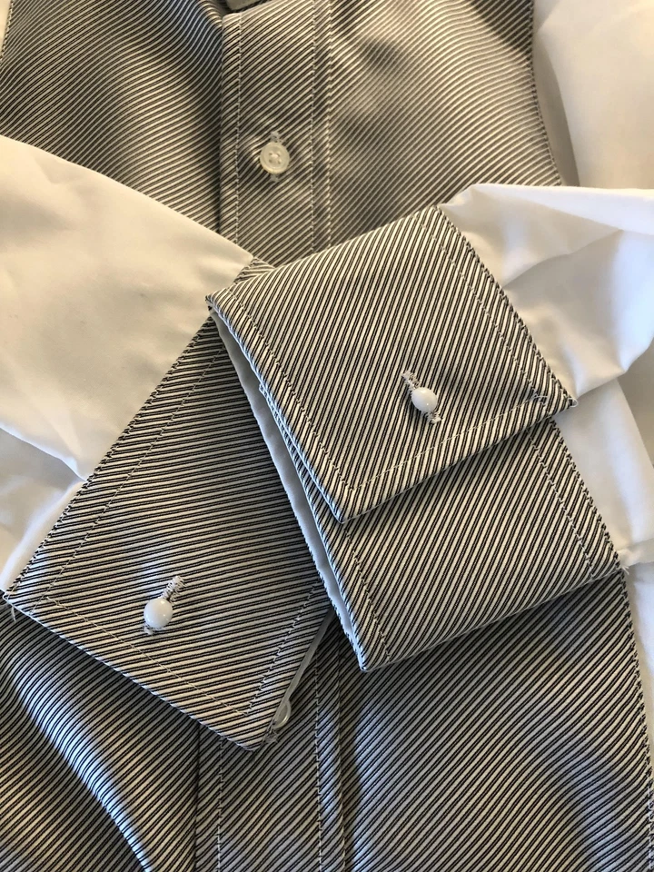 Camisa Oscar de la Renta Para Hombre 18.5 35 Blanco Gris Contraste Babero Puño Francés con Tachuelas Foto 4 de 4