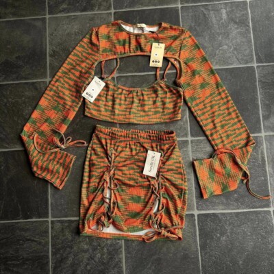 Sorelle UK 3 piece co-ord set, skirt, crop top and shrug in orange and green