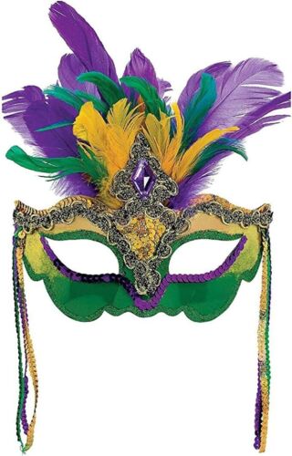Mask Purple, Green, Gold Feather New Orleans Carnival Mardi Gras Face Eye Decora - Picture 1 of 3