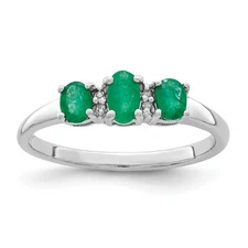 Silver  Emerald 3 Stone and Diamond Ring QR2800