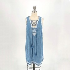 Chelsea & Violet Embroidered Chambray Dress Blue S bohemian summer hipster